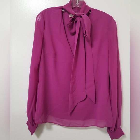 Keepsake The Label Pink Bow Tie Chiffon Blouse V-neck Puff Sleeve Rex Fit XXS - Picture 3 of 11